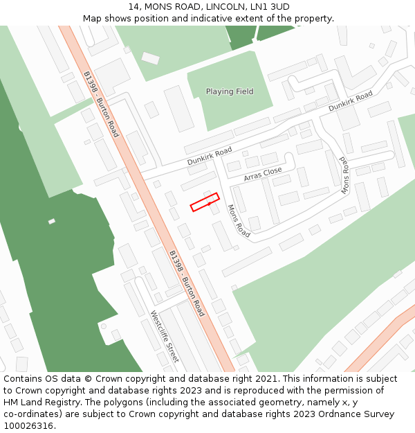 14, MONS ROAD, LINCOLN, LN1 3UD: Location map and indicative extent of plot
