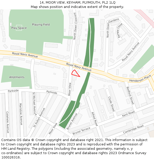 14, MOOR VIEW, KEYHAM, PLYMOUTH, PL2 1LQ: Location map and indicative extent of plot