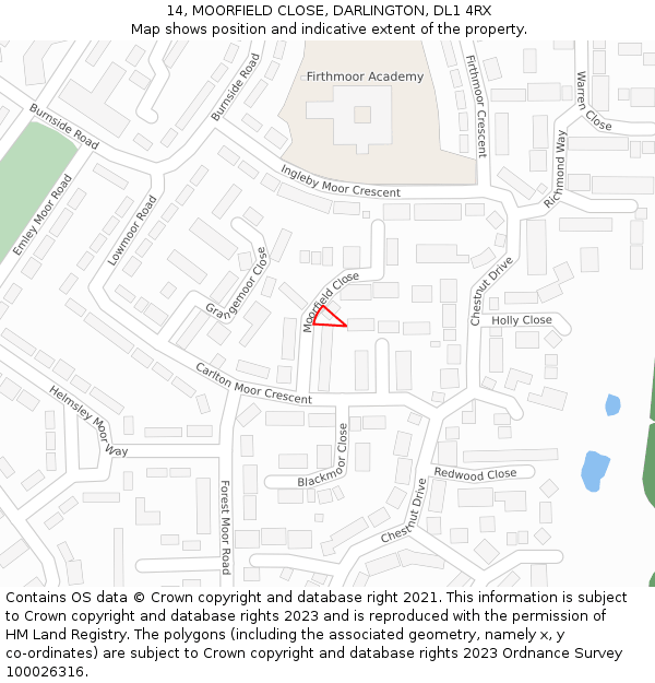 14, MOORFIELD CLOSE, DARLINGTON, DL1 4RX: Location map and indicative extent of plot