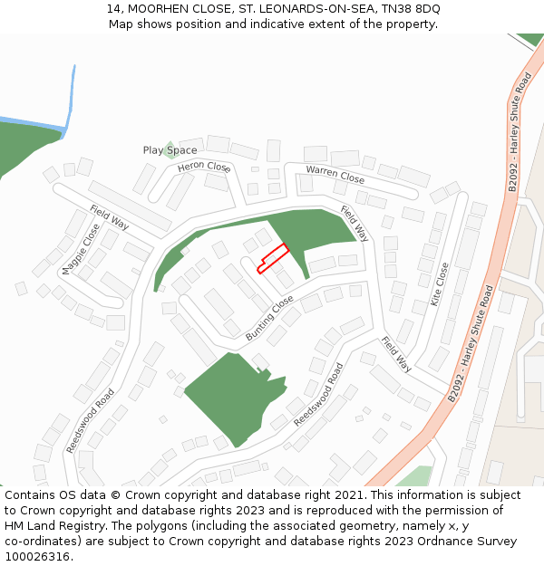 14, MOORHEN CLOSE, ST. LEONARDS-ON-SEA, TN38 8DQ: Location map and indicative extent of plot