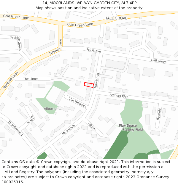 14, MOORLANDS, WELWYN GARDEN CITY, AL7 4PP: Location map and indicative extent of plot