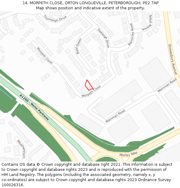 14, MORPETH CLOSE, ORTON LONGUEVILLE, PETERBOROUGH, PE2 7AP: Location map and indicative extent of plot