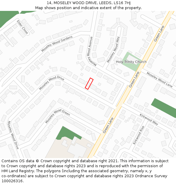 14, MOSELEY WOOD DRIVE, LEEDS, LS16 7HJ: Location map and indicative extent of plot