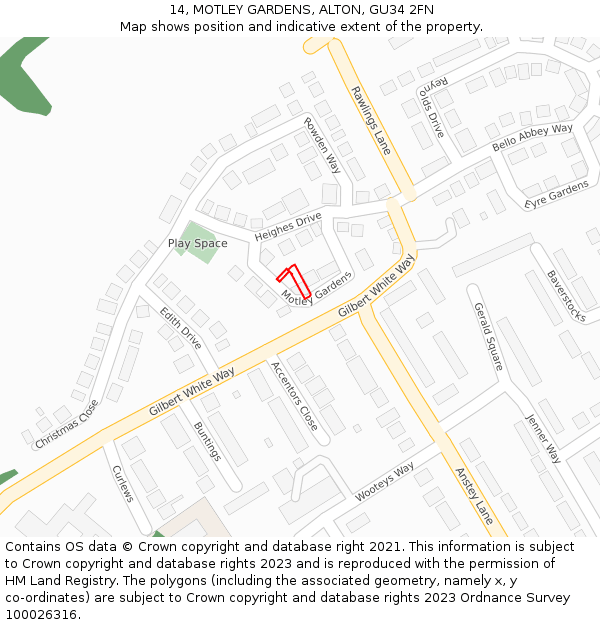 14, MOTLEY GARDENS, ALTON, GU34 2FN: Location map and indicative extent of plot