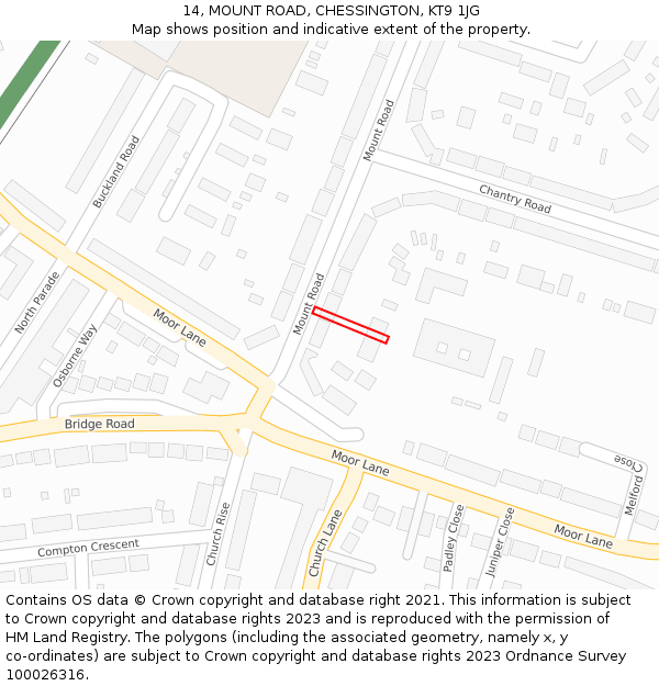 14, MOUNT ROAD, CHESSINGTON, KT9 1JG: Location map and indicative extent of plot