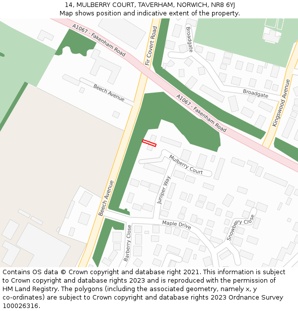 14, MULBERRY COURT, TAVERHAM, NORWICH, NR8 6YJ: Location map and indicative extent of plot