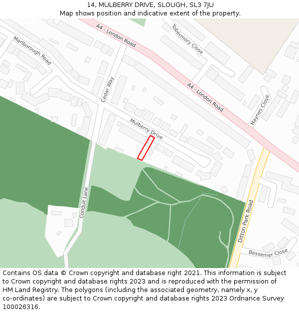 14, MULBERRY DRIVE, SLOUGH, SL3 7JU: Location map and indicative extent of plot