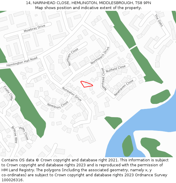 14, NAIRNHEAD CLOSE, HEMLINGTON, MIDDLESBROUGH, TS8 9PN: Location map and indicative extent of plot