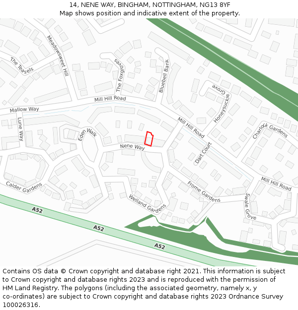 14, NENE WAY, BINGHAM, NOTTINGHAM, NG13 8YF: Location map and indicative extent of plot