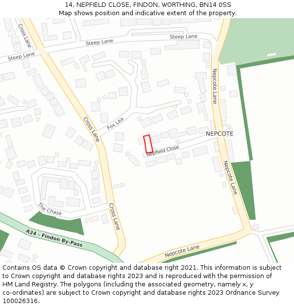14, NEPFIELD CLOSE, FINDON, WORTHING, BN14 0SS: Location map and indicative extent of plot