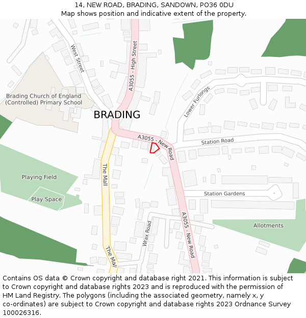 14, NEW ROAD, BRADING, SANDOWN, PO36 0DU: Location map and indicative extent of plot