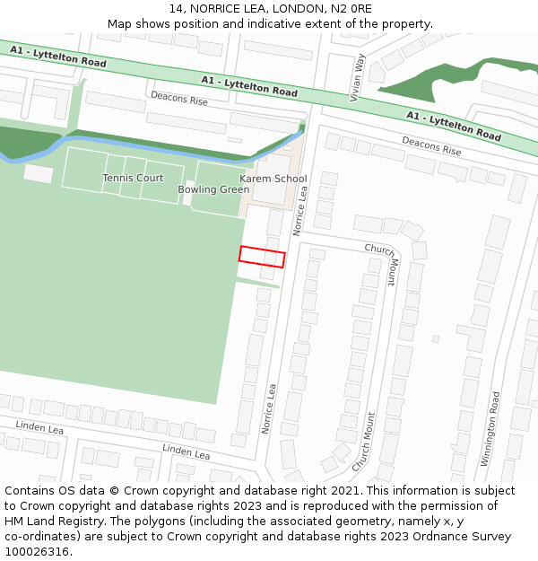 14, NORRICE LEA, LONDON, N2 0RE: Location map and indicative extent of plot
