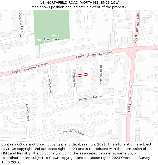 14, NORTHFIELD ROAD, WORTHING, BN13 1QW: Location map and indicative extent of plot