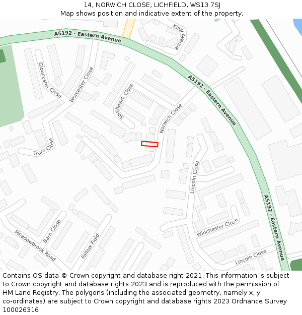 14, NORWICH CLOSE, LICHFIELD, WS13 7SJ: Location map and indicative extent of plot