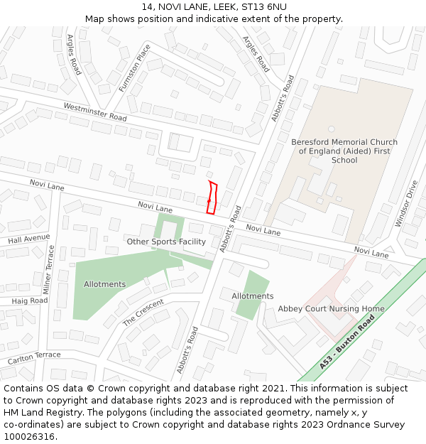 14, NOVI LANE, LEEK, ST13 6NU: Location map and indicative extent of plot
