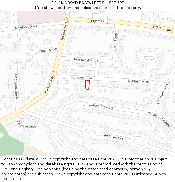 14, NUNROYD ROAD, LEEDS, LS17 6PF: Location map and indicative extent of plot