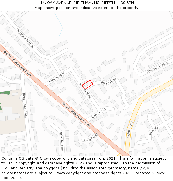 14, OAK AVENUE, MELTHAM, HOLMFIRTH, HD9 5PN: Location map and indicative extent of plot
