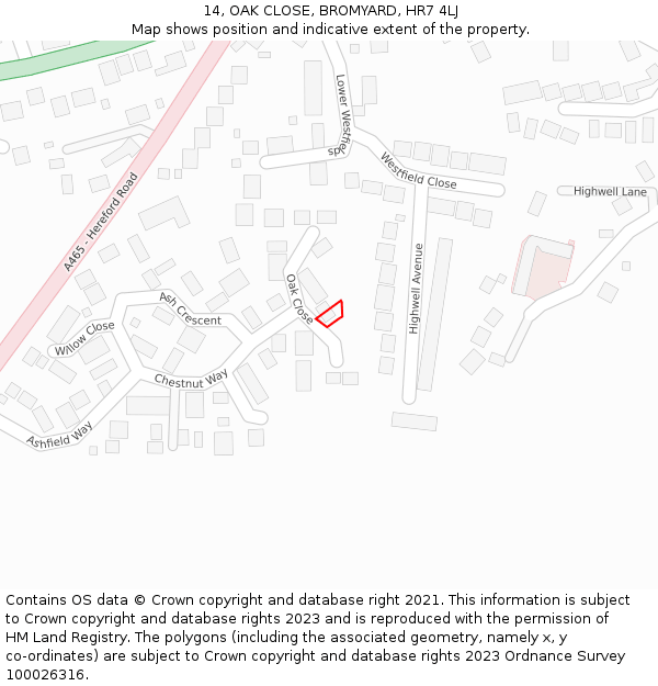 14, OAK CLOSE, BROMYARD, HR7 4LJ: Location map and indicative extent of plot