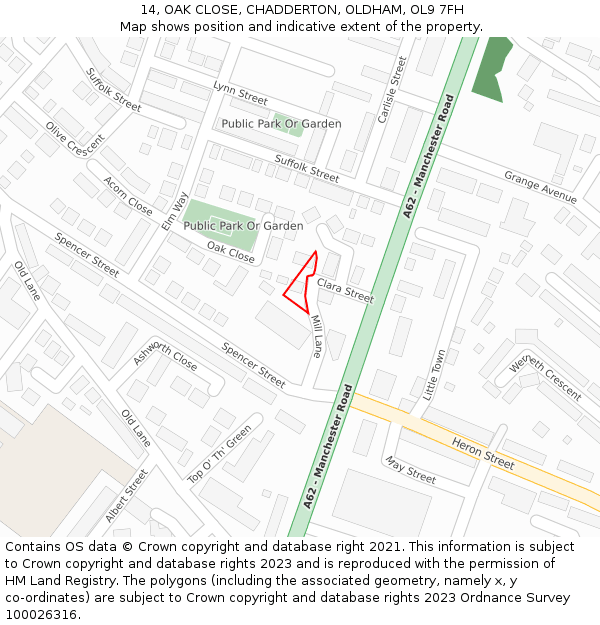 14, OAK CLOSE, CHADDERTON, OLDHAM, OL9 7FH: Location map and indicative extent of plot