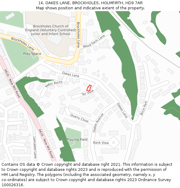 14, OAKES LANE, BROCKHOLES, HOLMFIRTH, HD9 7AR: Location map and indicative extent of plot