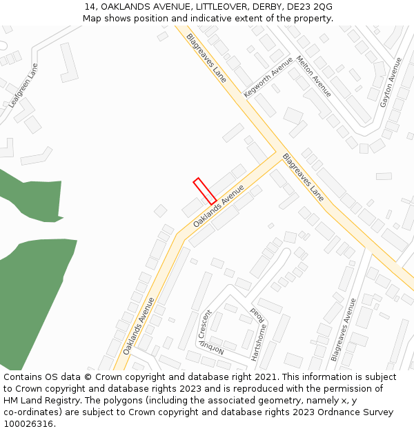 14, OAKLANDS AVENUE, LITTLEOVER, DERBY, DE23 2QG: Location map and indicative extent of plot