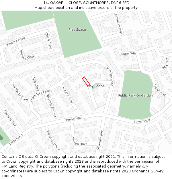 14, OAKWELL CLOSE, SCUNTHORPE, DN16 3FD: Location map and indicative extent of plot