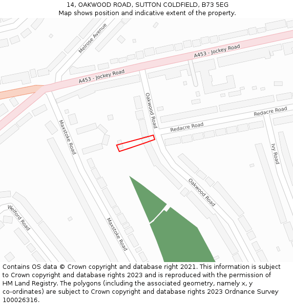 14, OAKWOOD ROAD, SUTTON COLDFIELD, B73 5EG: Location map and indicative extent of plot