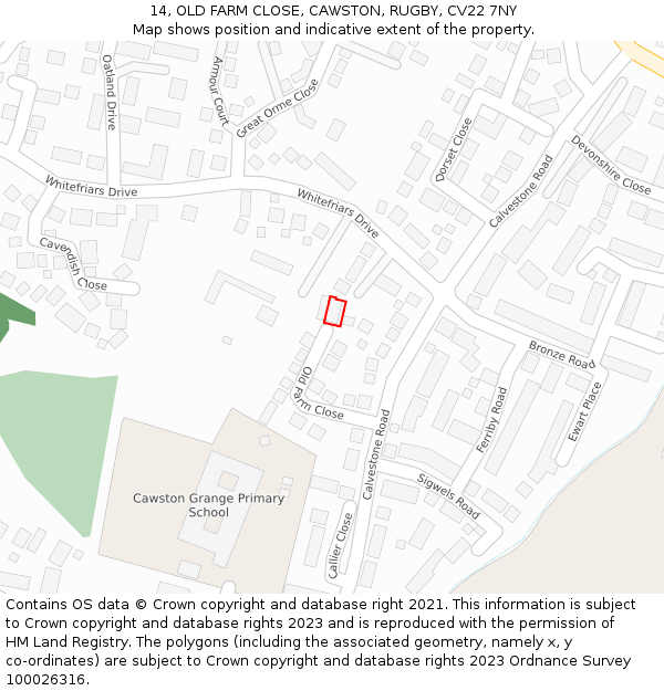 14, OLD FARM CLOSE, CAWSTON, RUGBY, CV22 7NY: Location map and indicative extent of plot