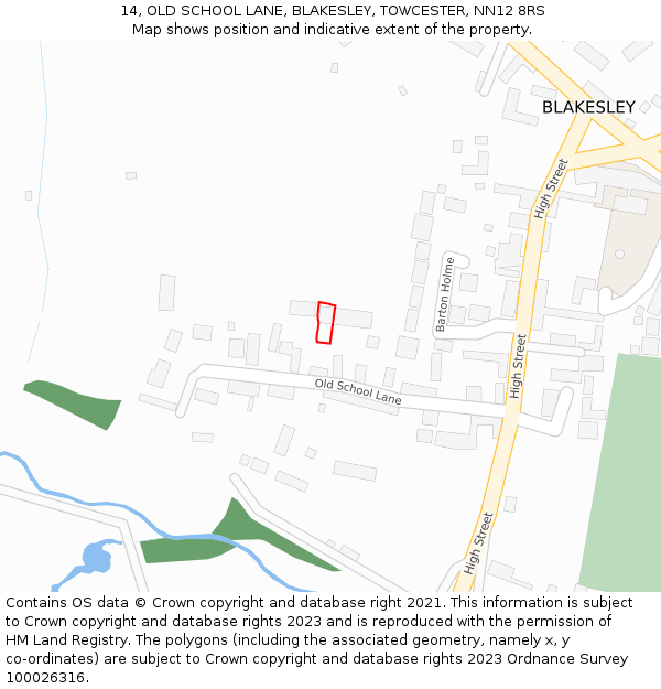 14, OLD SCHOOL LANE, BLAKESLEY, TOWCESTER, NN12 8RS: Location map and indicative extent of plot