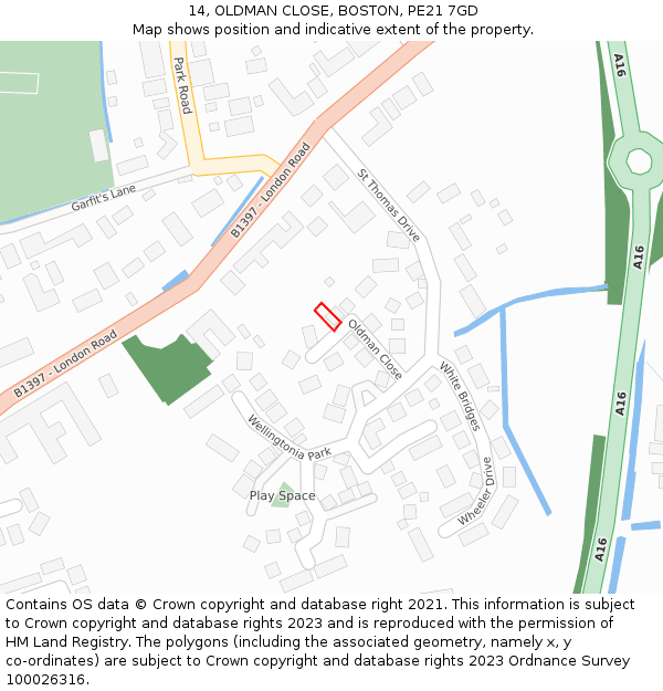 14, OLDMAN CLOSE, BOSTON, PE21 7GD: Location map and indicative extent of plot