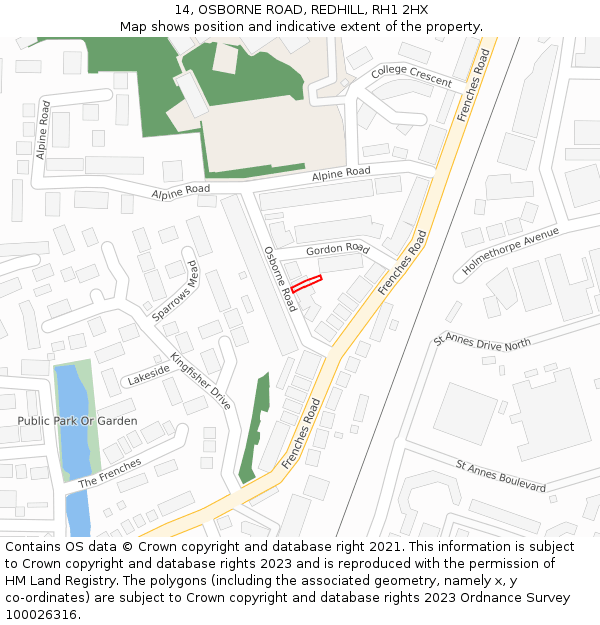 14, OSBORNE ROAD, REDHILL, RH1 2HX: Location map and indicative extent of plot