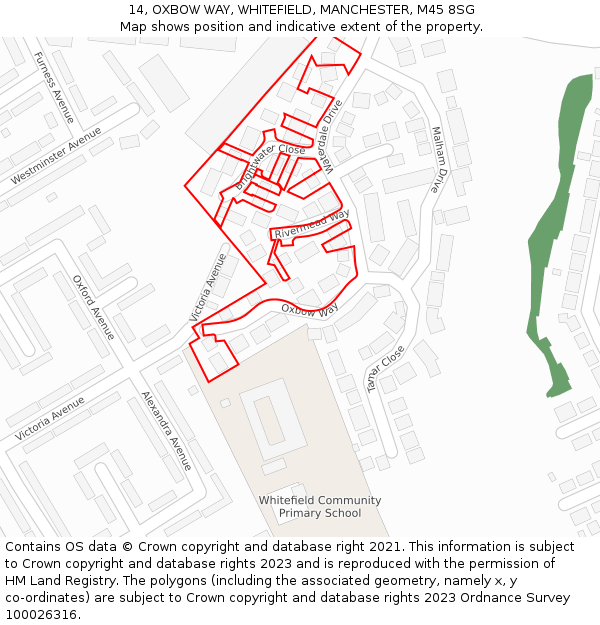 14, OXBOW WAY, WHITEFIELD, MANCHESTER, M45 8SG: Location map and indicative extent of plot