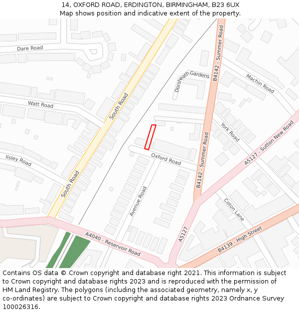 14, OXFORD ROAD, ERDINGTON, BIRMINGHAM, B23 6UX: Location map and indicative extent of plot