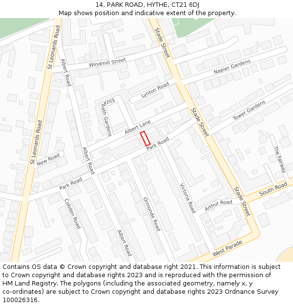 14, PARK ROAD, HYTHE, CT21 6DJ: Location map and indicative extent of plot
