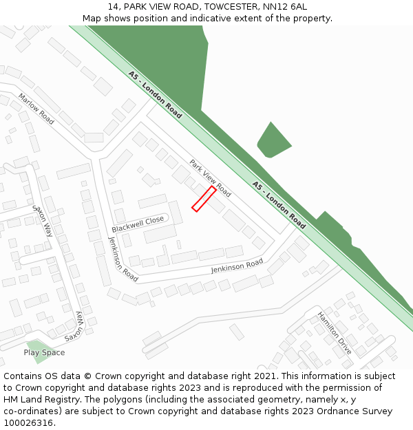 14, PARK VIEW ROAD, TOWCESTER, NN12 6AL: Location map and indicative extent of plot