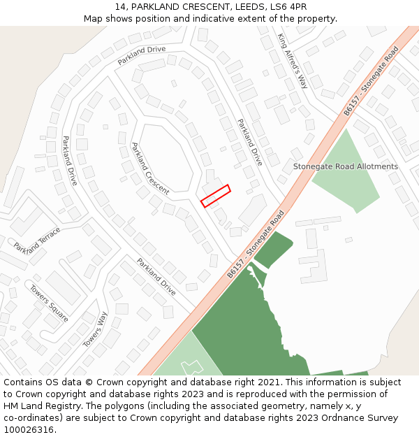 14, PARKLAND CRESCENT, LEEDS, LS6 4PR: Location map and indicative extent of plot