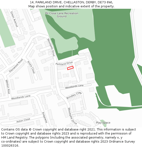 14, PARKLAND DRIVE, CHELLASTON, DERBY, DE73 6WL: Location map and indicative extent of plot