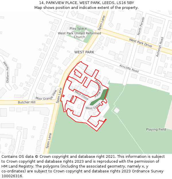 14, PARKVIEW PLACE, WEST PARK, LEEDS, LS16 5BY: Location map and indicative extent of plot