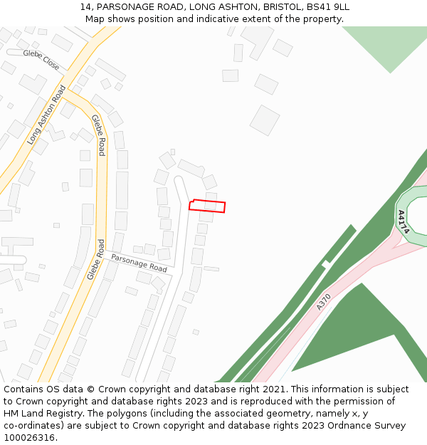 14, PARSONAGE ROAD, LONG ASHTON, BRISTOL, BS41 9LL: Location map and indicative extent of plot