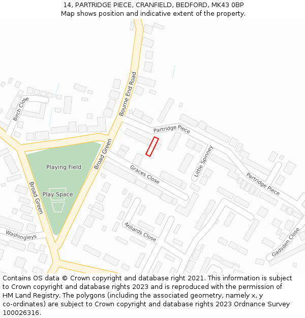 14, PARTRIDGE PIECE, CRANFIELD, BEDFORD, MK43 0BP: Location map and indicative extent of plot