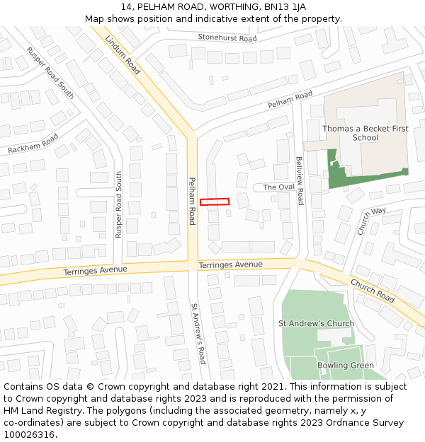 14, PELHAM ROAD, WORTHING, BN13 1JA: Location map and indicative extent of plot