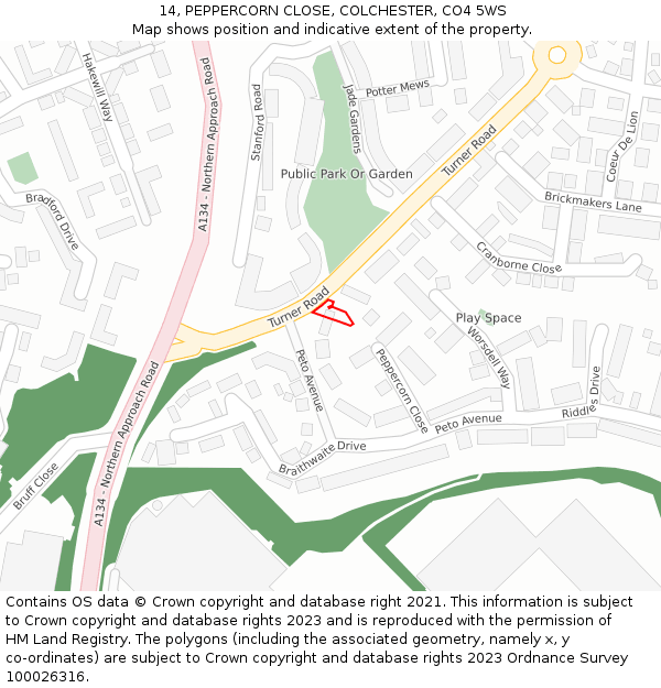 14, PEPPERCORN CLOSE, COLCHESTER, CO4 5WS: Location map and indicative extent of plot