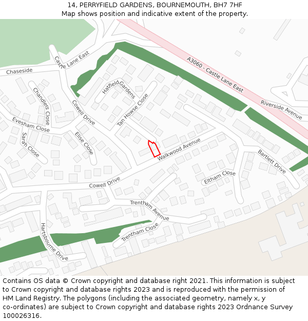 14, PERRYFIELD GARDENS, BOURNEMOUTH, BH7 7HF: Location map and indicative extent of plot