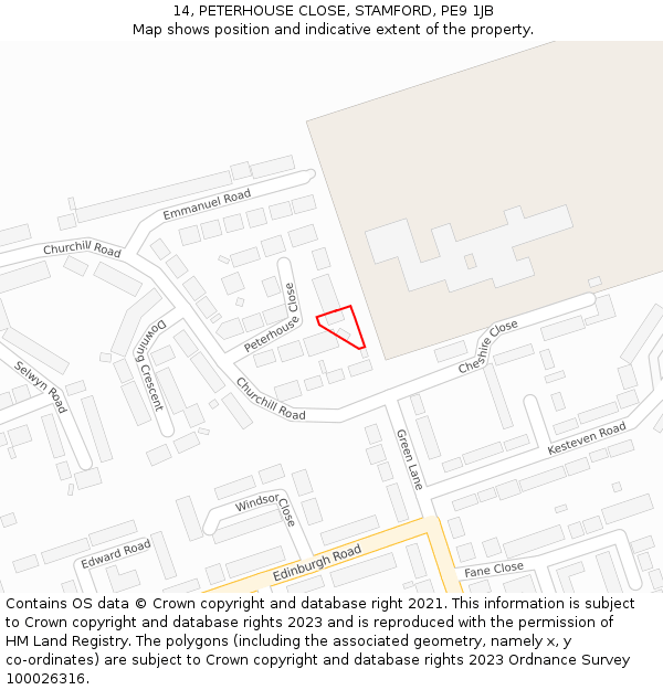 14, PETERHOUSE CLOSE, STAMFORD, PE9 1JB: Location map and indicative extent of plot