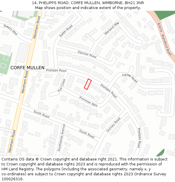 14, PHELIPPS ROAD, CORFE MULLEN, WIMBORNE, BH21 3NR: Location map and indicative extent of plot