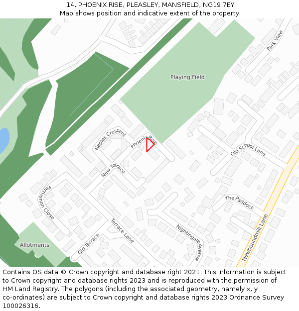14, PHOENIX RISE, PLEASLEY, MANSFIELD, NG19 7EY: Location map and indicative extent of plot