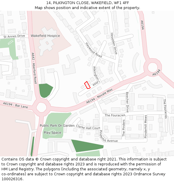 14, PILKINGTON CLOSE, WAKEFIELD, WF1 4FF: Location map and indicative extent of plot