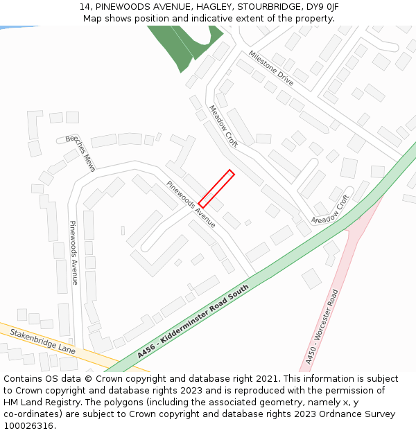 14, PINEWOODS AVENUE, HAGLEY, STOURBRIDGE, DY9 0JF: Location map and indicative extent of plot