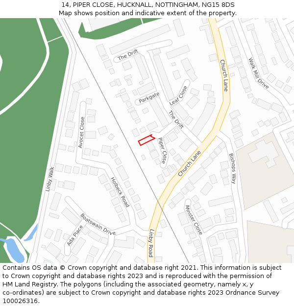 14, PIPER CLOSE, HUCKNALL, NOTTINGHAM, NG15 8DS: Location map and indicative extent of plot