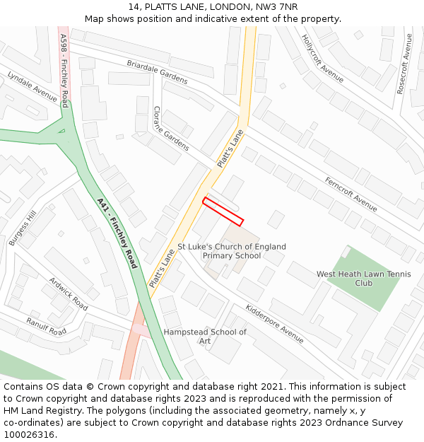 14, PLATTS LANE, LONDON, NW3 7NR: Location map and indicative extent of plot